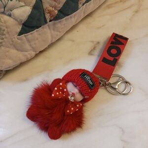NWOT Girl In Red Fur Bag Charm, Large Love Key Chain By HDSP